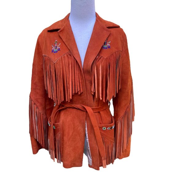 Vintage Womens Fringe Embroidered Suede Jacket With Belt Artisan Designed
